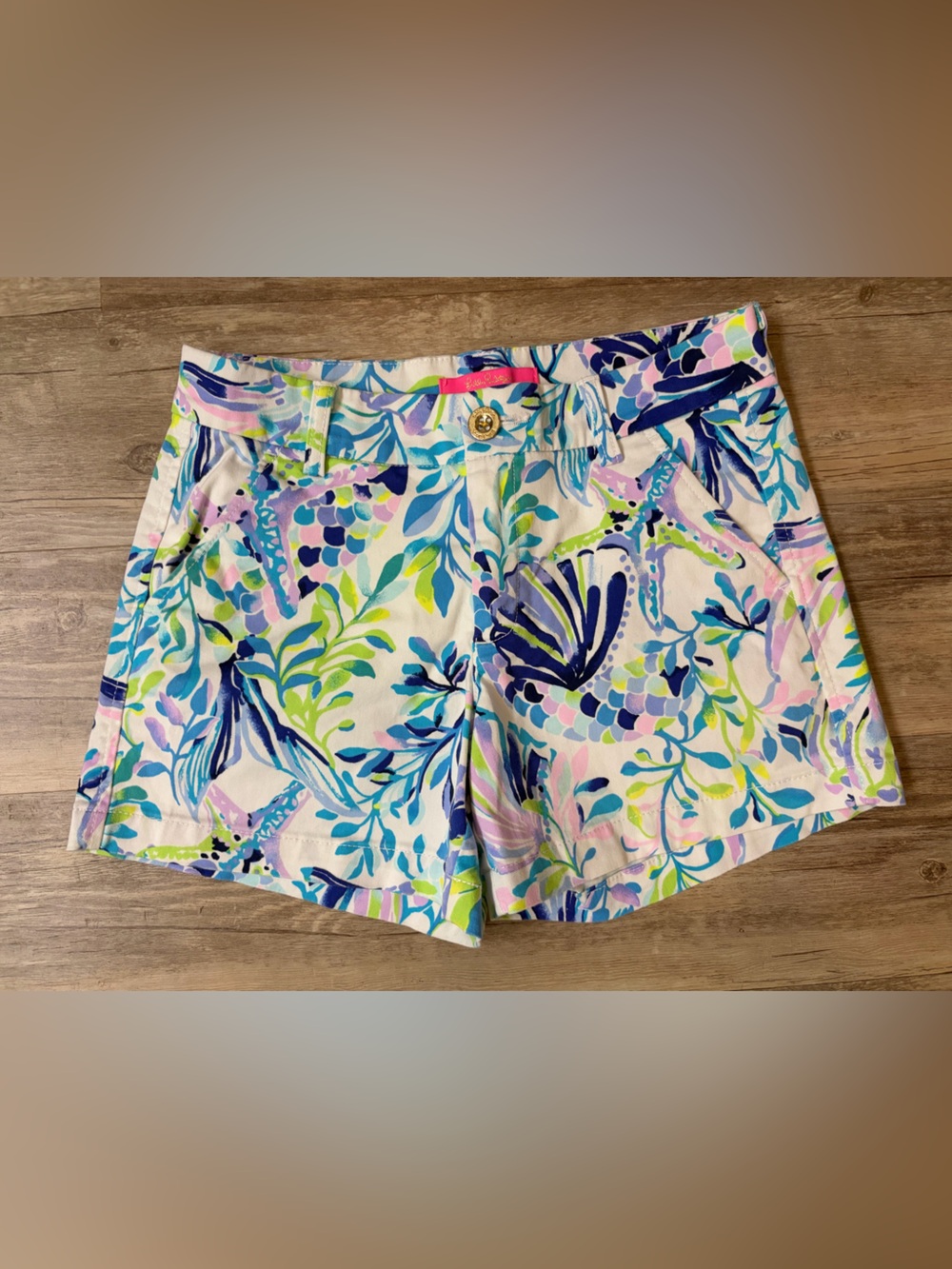 Lilly Pulitzer White Floral-Print Women’s Jean Shorts with Blue & Pink Accents
